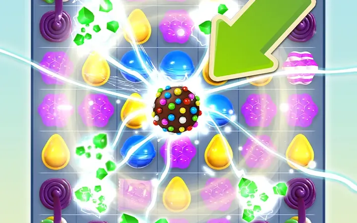 Candy Crush Saga grid clearing after a colour bomb is triggered